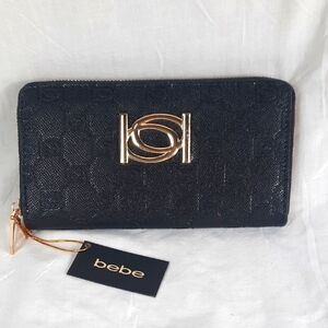 Bebe Esme Saffiano Monogram Black Wallet with Gold Accents Zip Around NEW